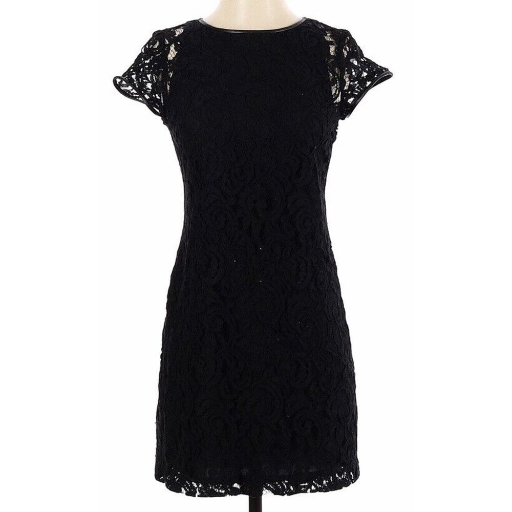 Club Monaco Black Lace/Leather Trim Women's Size 0 Little Black Mini Dress LBD
